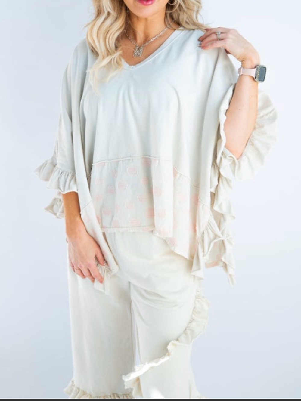 Set of top & pants. Cream V-Neck Ruffle Tunic with Soft Pink Dot Accent